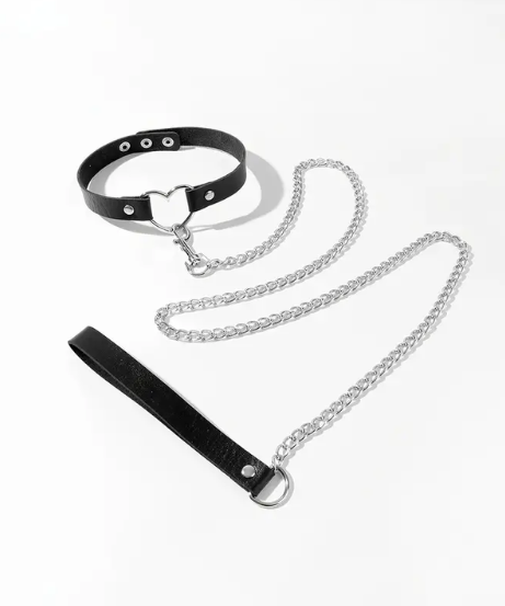 BDSM Leather Collar and Leash Set