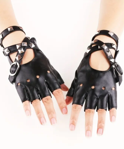 Women's Square Rivet Gloves Punk Black Hollow Out Half Finger Gloves